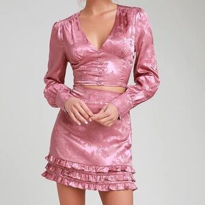 Fashion Nova Mauve Satin Jacquard Long Sleeve Crop Top and Skirt Set